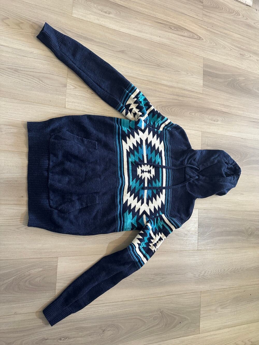 American Eagle Southwestern Aztec Knit Hoodie Sweater Navy Teal Men's Size Small